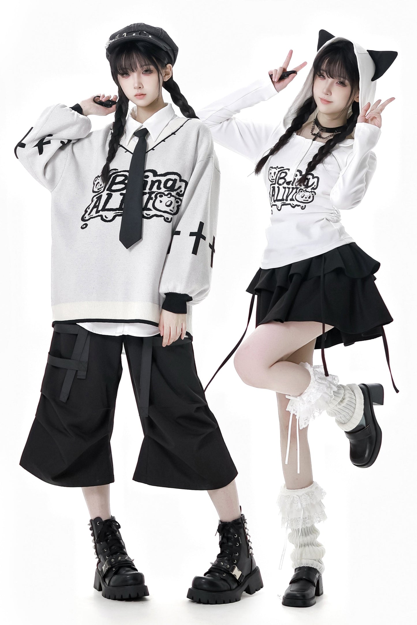 猫耳フードトップス+ルーズニットセーター+カーゴパンツ+ストラップスカート