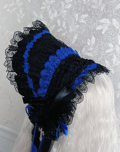 Black Mist Banquet Gothic Cross Rose Bonnet + Veil + Brooch