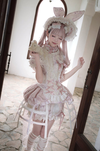 [Date limite de précommande : 6 octobre] Pink Castle Bunny ensemble poupée romantique avec haut corset à manches bouffantes en dentelle + short + surjupe à volants + surjupe cage à oiseaux Set 1/2/3