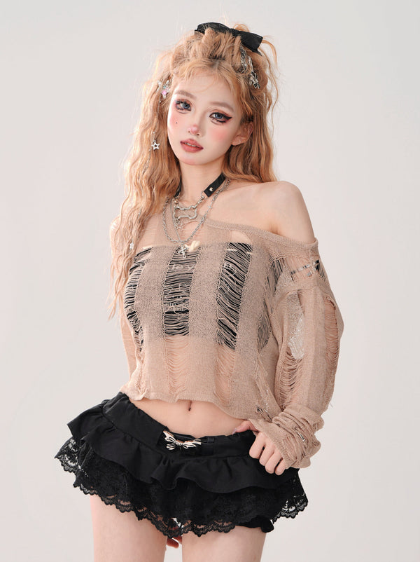 オフショルダーバックレースアップリップドニットショートトップス＋チューブトップ