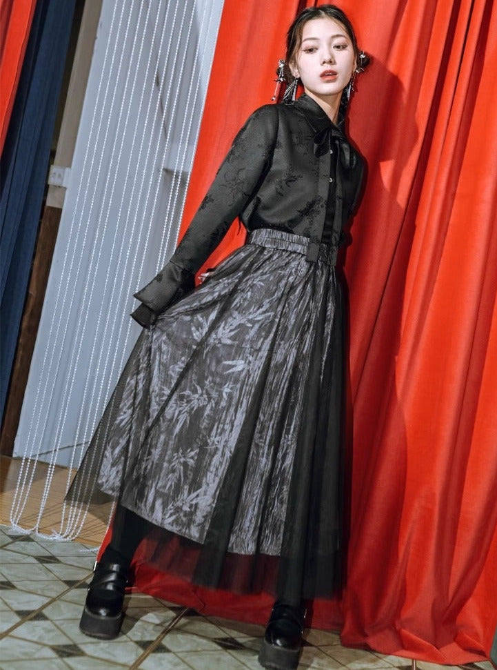 Mesh Layered Velvet China High Waist Jacquard Long Skirt