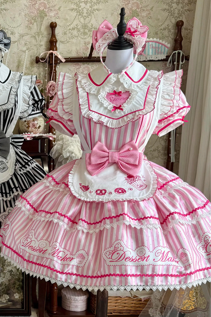 【6月18日予約締切】ピンク/ ブルー/ブラックスイートメイドロリータキャンディストライプティアードドレス＋ドレスセット1/2/3