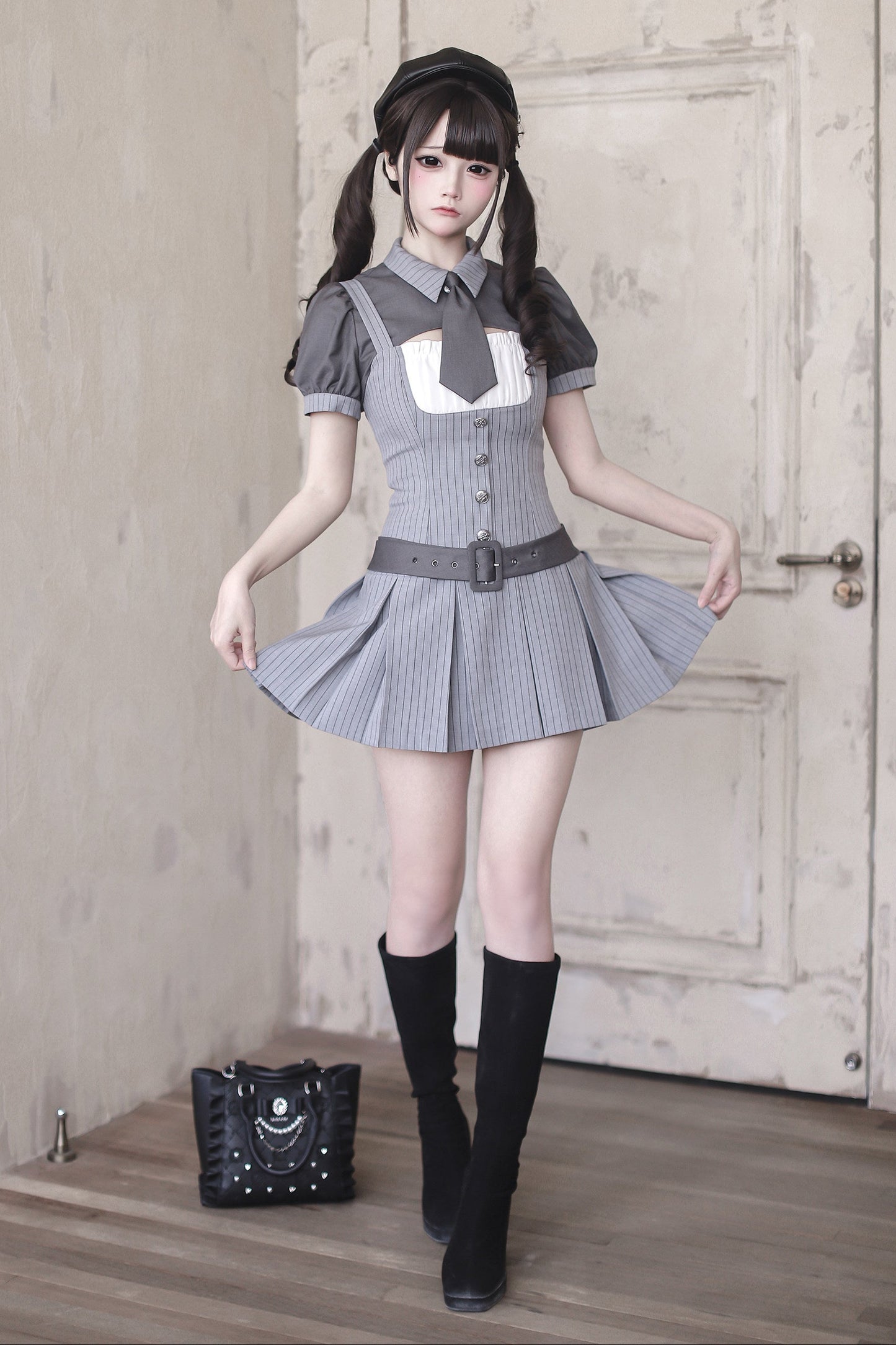 【4月15日予約締切】グレーピンストライプタイカラーショートジャケットドレスフルセット＋ジュエルキャスケット