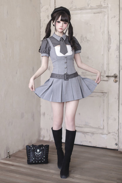 【4月15日予約締切】グレーピンストライプタイカラーショートジャケットドレスフルセット＋ジュエルキャスケット