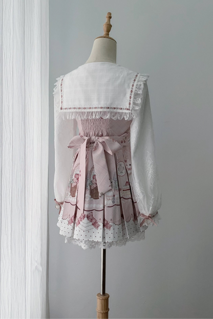 【8月30日予約締切】Pink and white rabbit print lace sailor collar Op dress +pleated dress skirt set＋ 3 Styles of Bow Tie Available