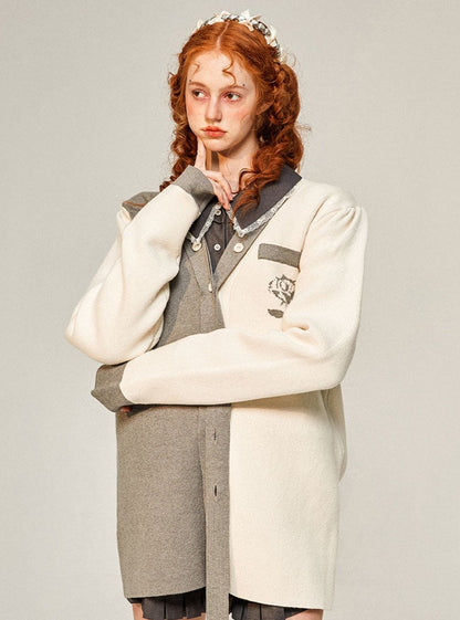 College Assisted Bicolor Knit Cardigan