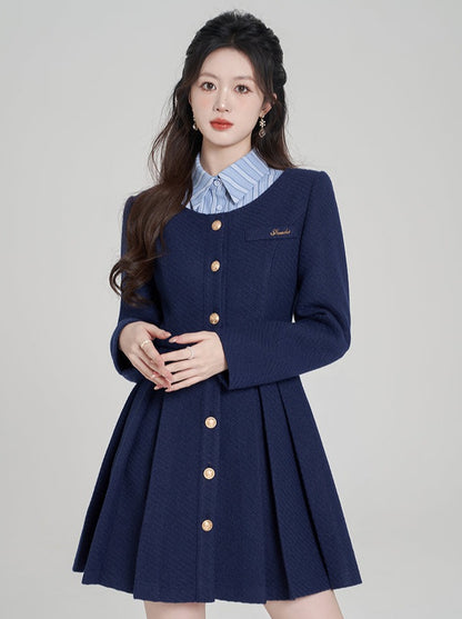 Navy Blue French College Style Faux Two Piece Dress