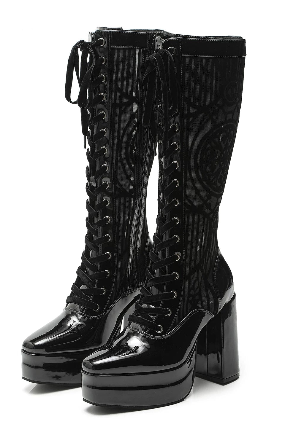 [Date limite de réservation : 9/28] Bottes à talons hauts lacées en mesh cathédrale gothique noir mat / noir brillant