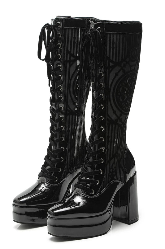 【9月28日予約締切】Matte Black / Glossy Black Gothic Cathedral Mesh Lace-Up High-Heel Boots