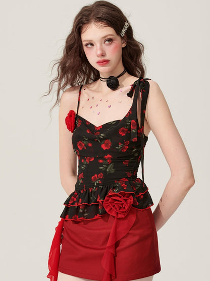 [31 mai 20 heures en vente] moins d'yeux rose flamboyant noir jarretelle floral T-shirt femmes paraître mince en été