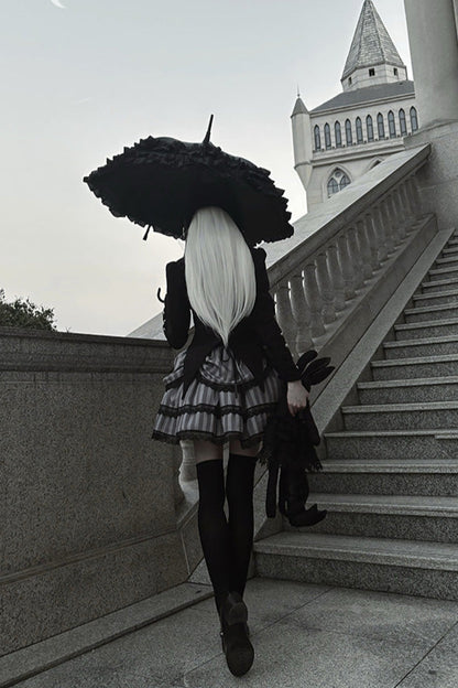 Striped gothic skirt + asymmetrical fitted jacket + jumper skirt