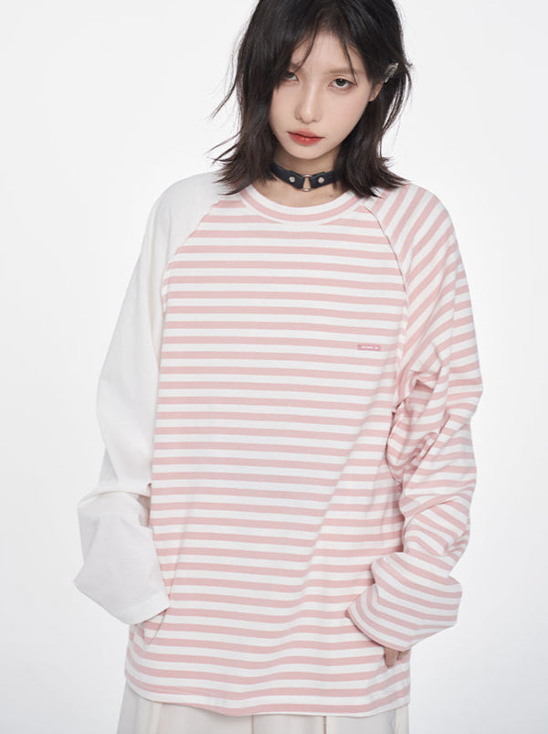 Striped Splice Loose Raglan Sleeve Asimelon T