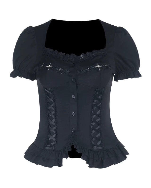 다크 스타일 고딕 퍼프 슬리브 탑