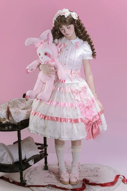 [Reservierungsschluss am 105] Sweet-Lolita-Hemd mit Peter-Pan-Kragen, Polka-Dots und Taillenband + Rock mit dreifacher Schleife + Set