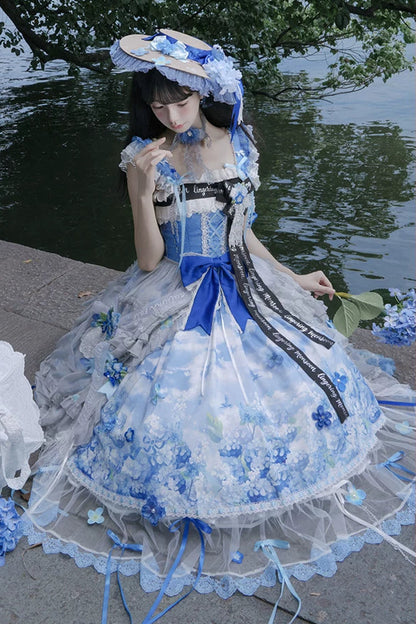 【9月29日予約締切】Blue Floral Print And Embroidered Elegant Lolita Lace JSK Dress Full Set (Overskirt, Brooch And Ribbon, Embroidered Belt, Decorative Shoulder Straps, Embroidered Accessories)