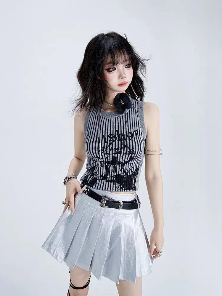 Pleated Silver Leather Skirt