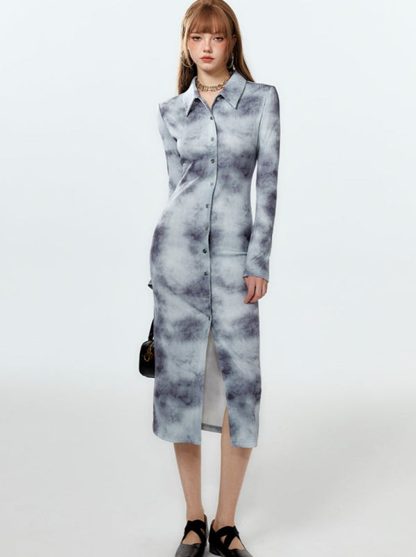 Printed Long Polo Blue Tops