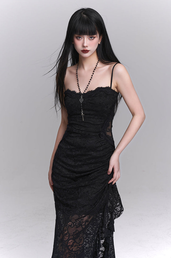 Dark Lace Slit Suspended Dress