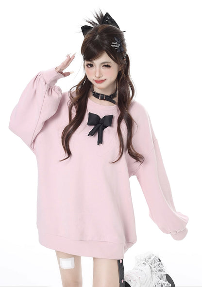 Soled Collar Round Neck Ribbon Loose Pullover