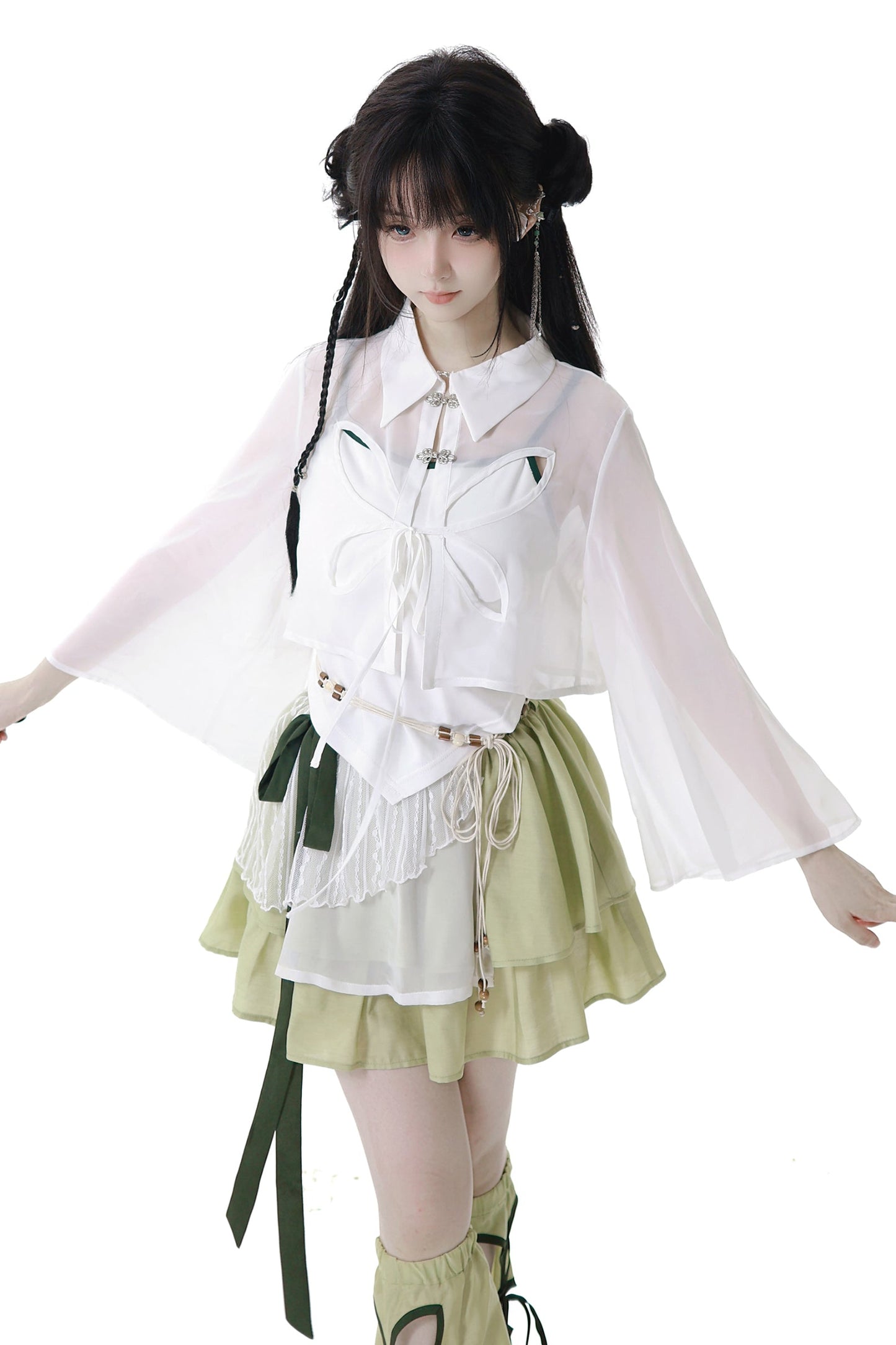 シフォンチャイナシャツ＋キャミソール＋ショートスカート＋ロングスカート＋レッグウォーマー