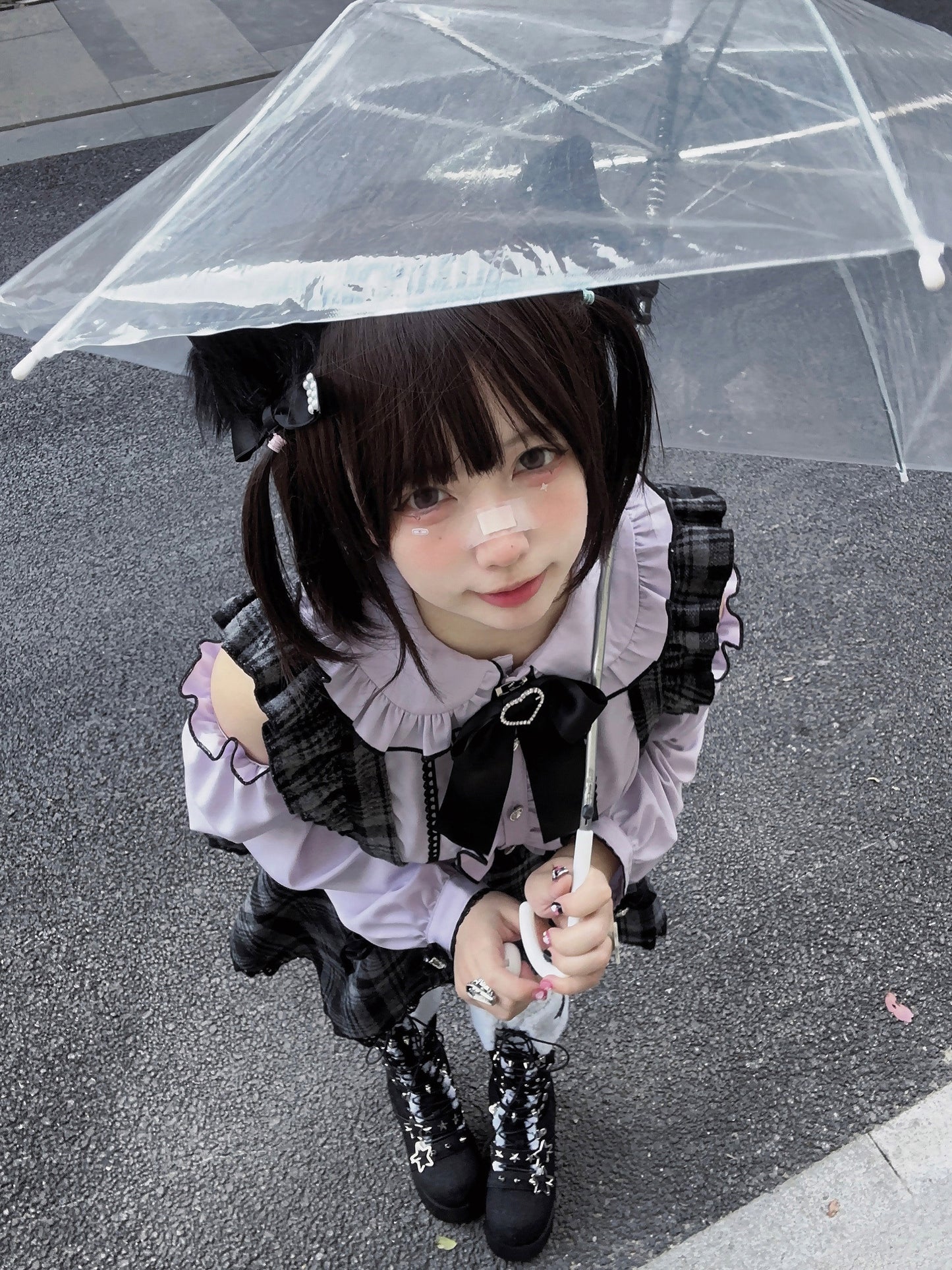 Landmine off -shoulder ribbon blouse + check suspender skirt