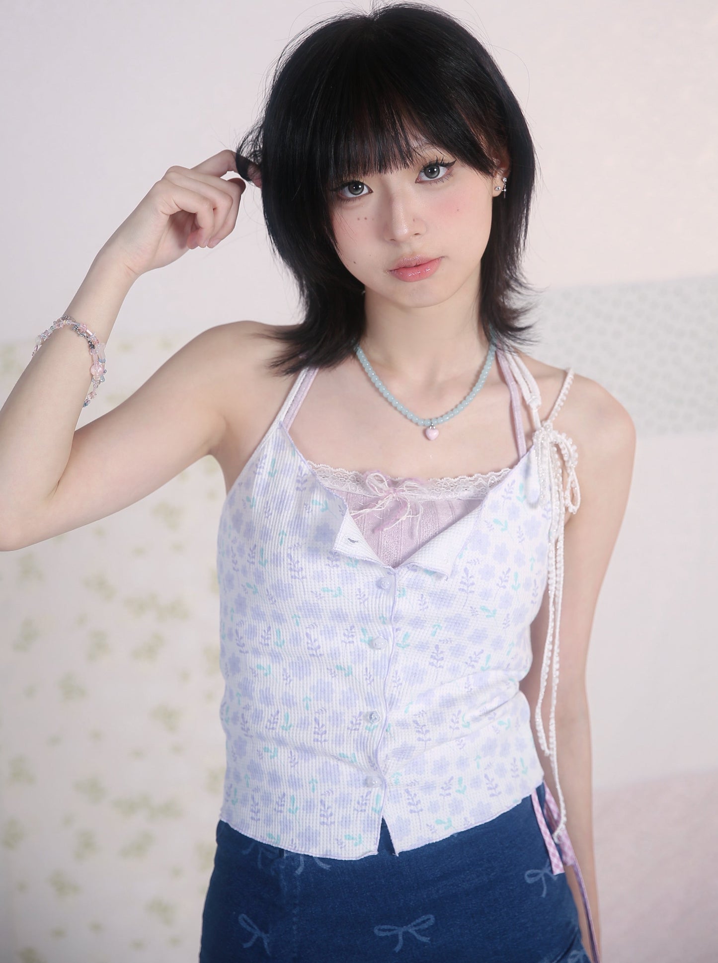 Retro Flower Ribbon Neck Camisole