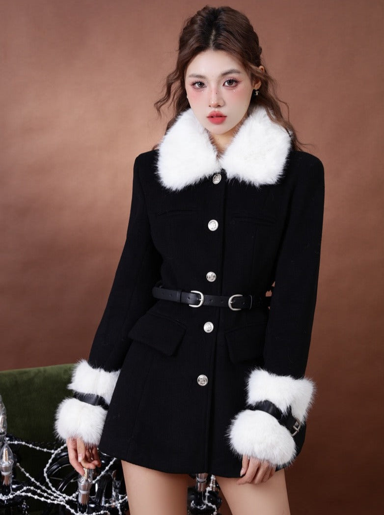 Rich Lady Style Fur Mid Length Waist Wool Coat