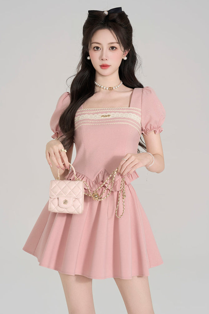 Pink Square Neck Puff Sleeve Top + Flare Skirt