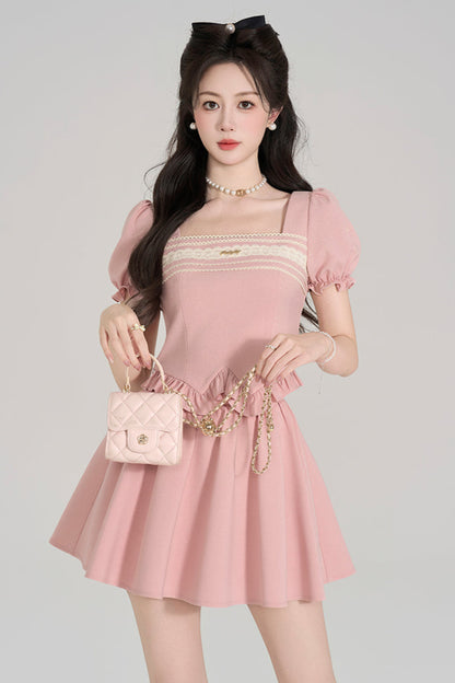 Pink Square Neck Puff Sleeve Top + Flare Skirt