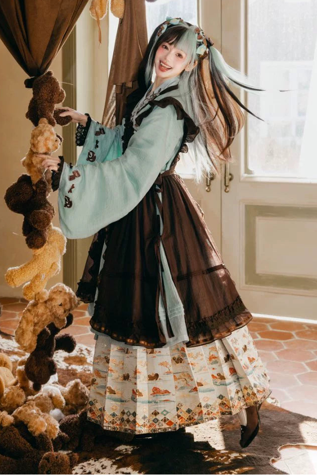 Mint chocolate china top + skirt + long skirt + accessories