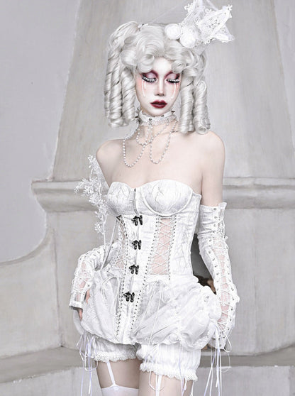 Sleeping Alice White Gothic Dark Fishbone Straps Corset Bustier [Réservé].