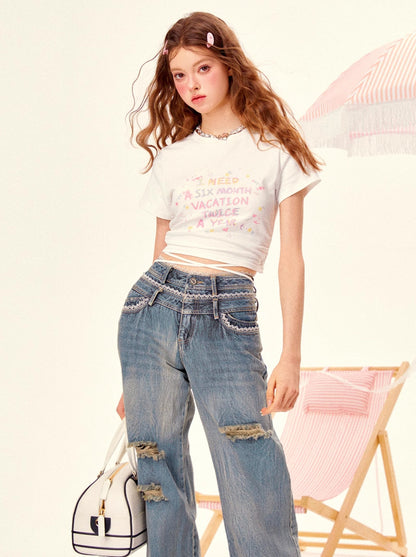 GirlyFancyClub 手绘字母印花设计感美式辣妹镶边女式夏装套头 T 恤