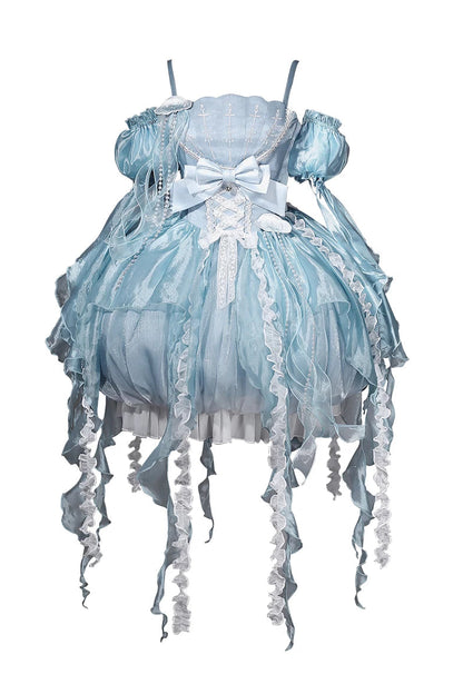 [Pre-order Deadline: September 5] Blue Fantasy Jellyfish Bow Ruffle Suspender Bubble Dress with Asymmetrical Hem+Puff Sleeves with Arm Sleeves