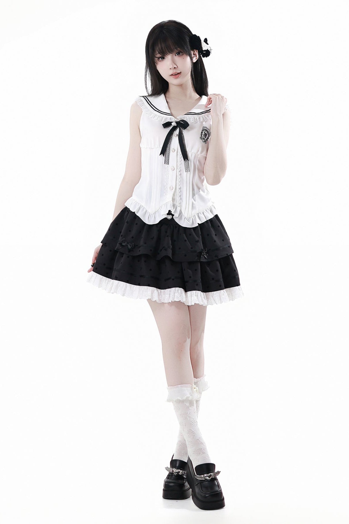 Cárdigan Dark Kawaii con cordones + Top marinero sin mangas + Falda