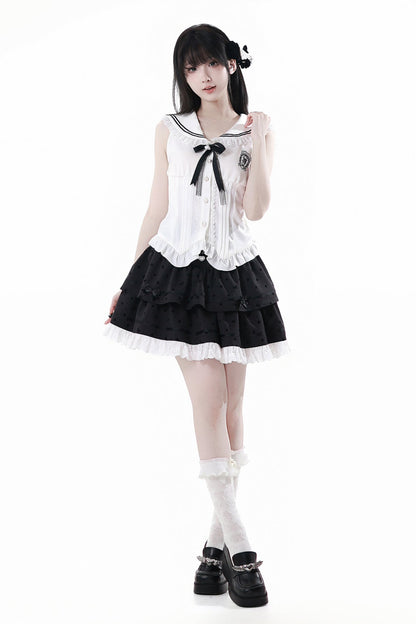 Cárdigan Dark Kawaii con cordones + Top marinero sin mangas + Falda