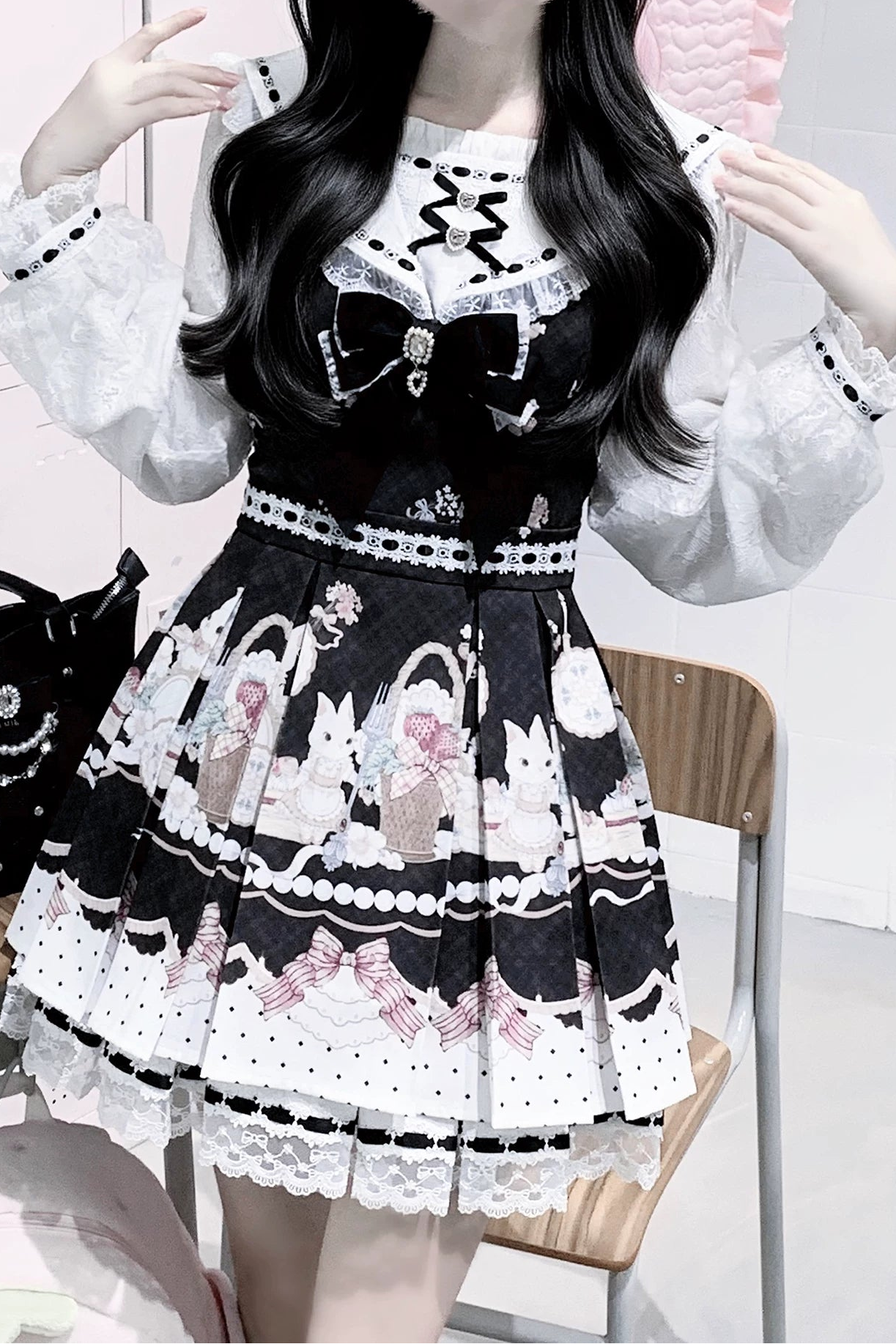 【8月30日予約締切】Black and Pink rabbit print lace sailor collar Op dress +pleated dress skirt set＋ 3 Styles of Bow Tie Available