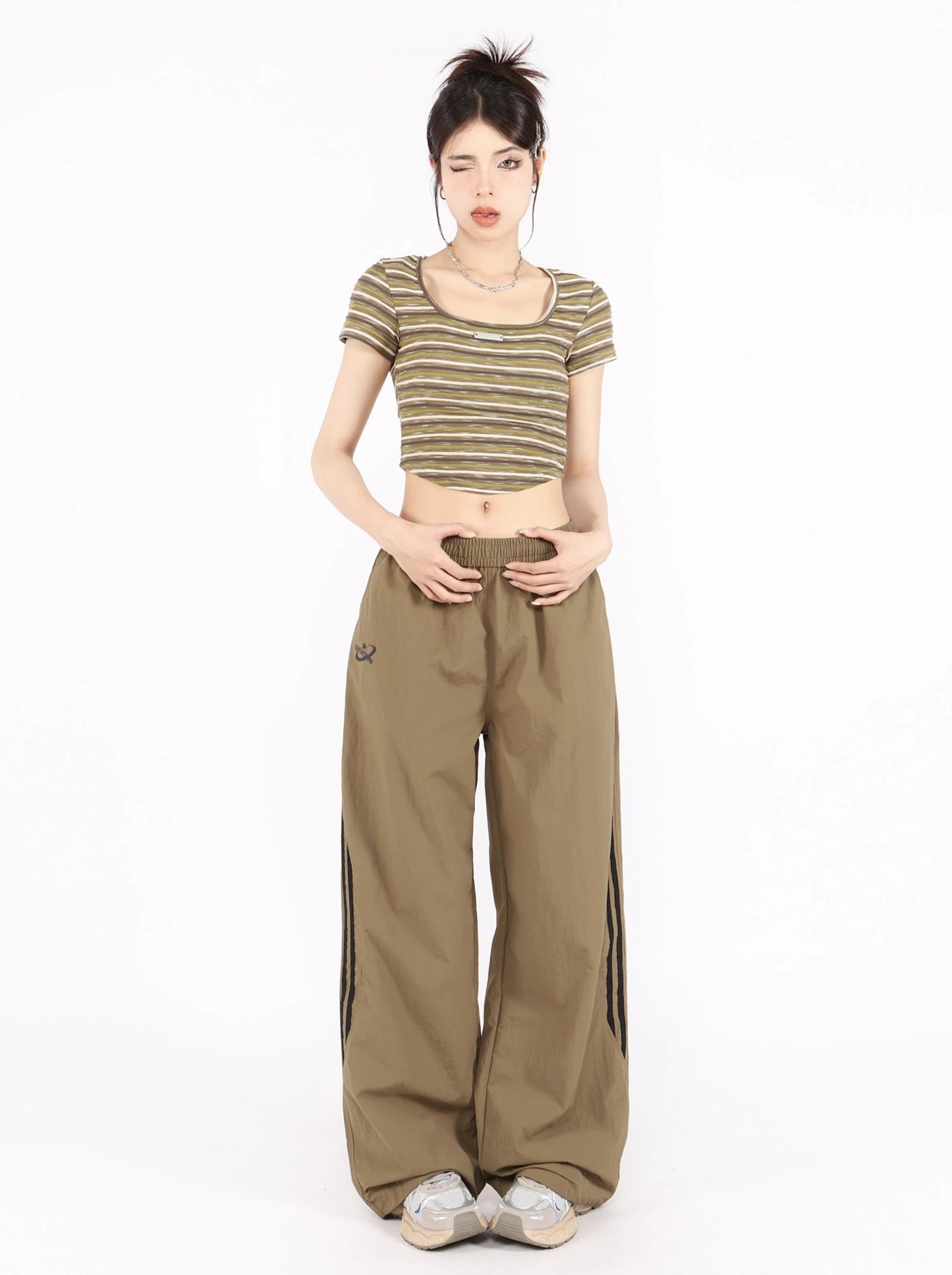 American retro casual sports parachute wide leg pants