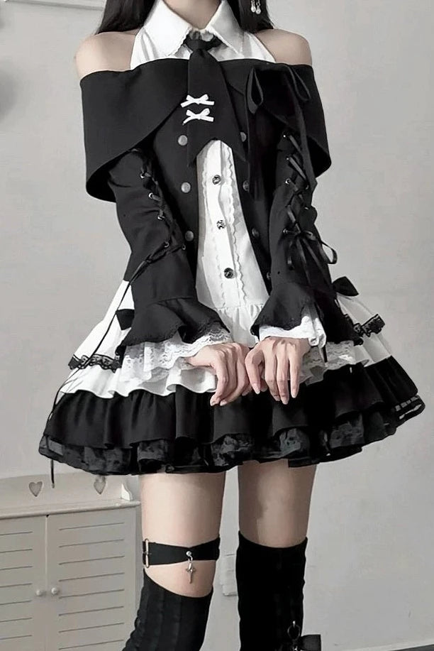[Pre-order Deadline: October 15] Black Bow Off-Shoulder Lace Flare-Sleeve Jacket + Black and White Lace-Trim Bow Halter Dress with Tie