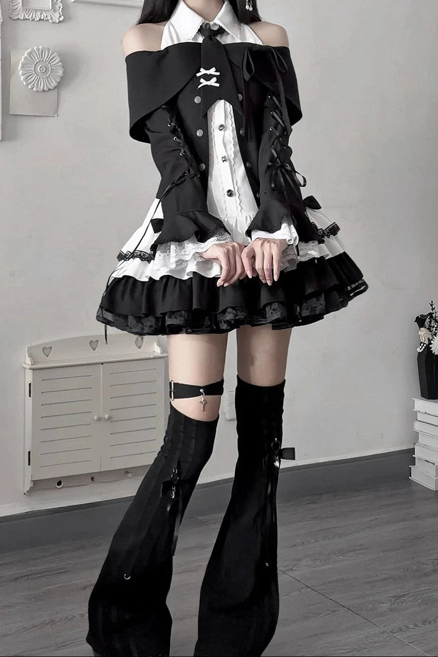 [Pre-order Deadline: October 15] Black Bow Off-Shoulder Lace Flare-Sleeve Jacket + Black and White Lace-Trim Bow Halter Dress with Tie