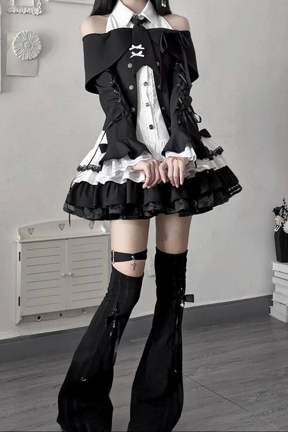 [Pre-order Deadline: October 15] Black Bow Off-Shoulder Lace Flare-Sleeve Jacket + Black and White Lace-Trim Bow Halter Dress with Tie