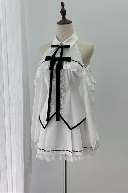 [Vorbestellschluss: 1015] Weiße Gothic-Spitzenbluse mit langen Ärmeln und Cut-out-Schultern&nbsp;mit abnehmbaren Schleifen+Spitzen-Boxfaltenrock