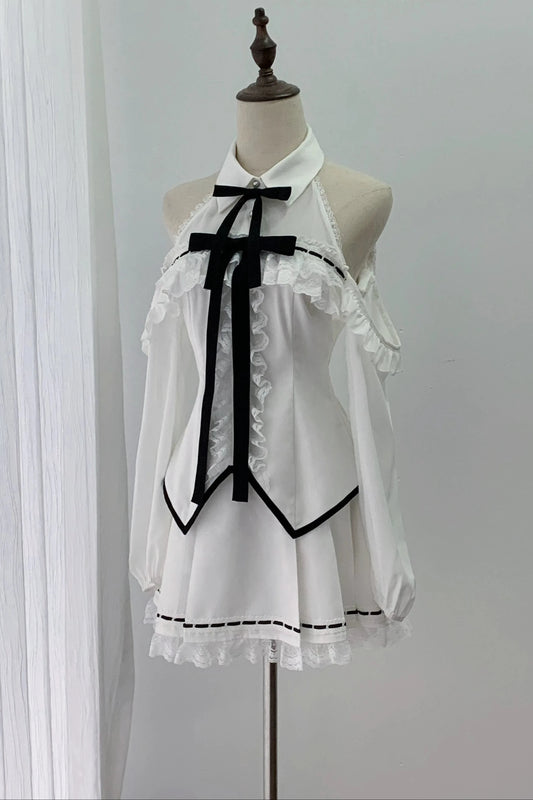 [Vorbestellschluss: 1015] Weiße Gothic-Spitzenbluse mit langen Ärmeln und Cut-out-Schultern&nbsp;mit abnehmbaren Schleifen+Spitzen-Boxfaltenrock