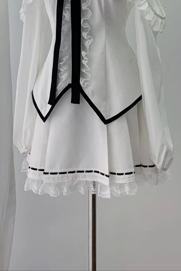 [Pre-order Deadline: October 15] Gothic Lace Cold Shoulder Long-Sleeve White Blouse&Nbsp;With Detachable Bows + Lace Box-Pleated Skirt