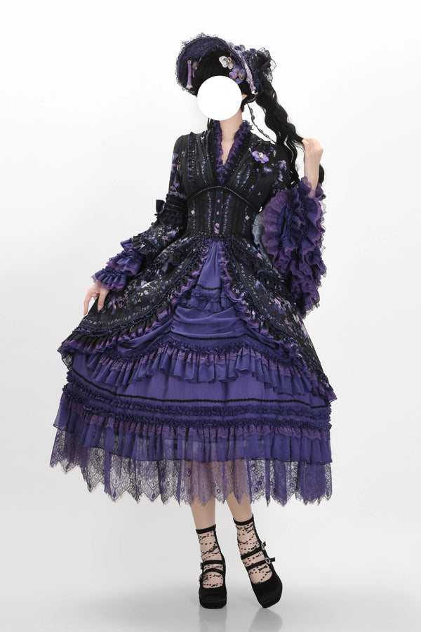 【9月13日予約締切】Purple/Dark Purple Gothic Lolita Elegant Iris Dress Top & Bustier & Skirt Set 1/2+ Full Set