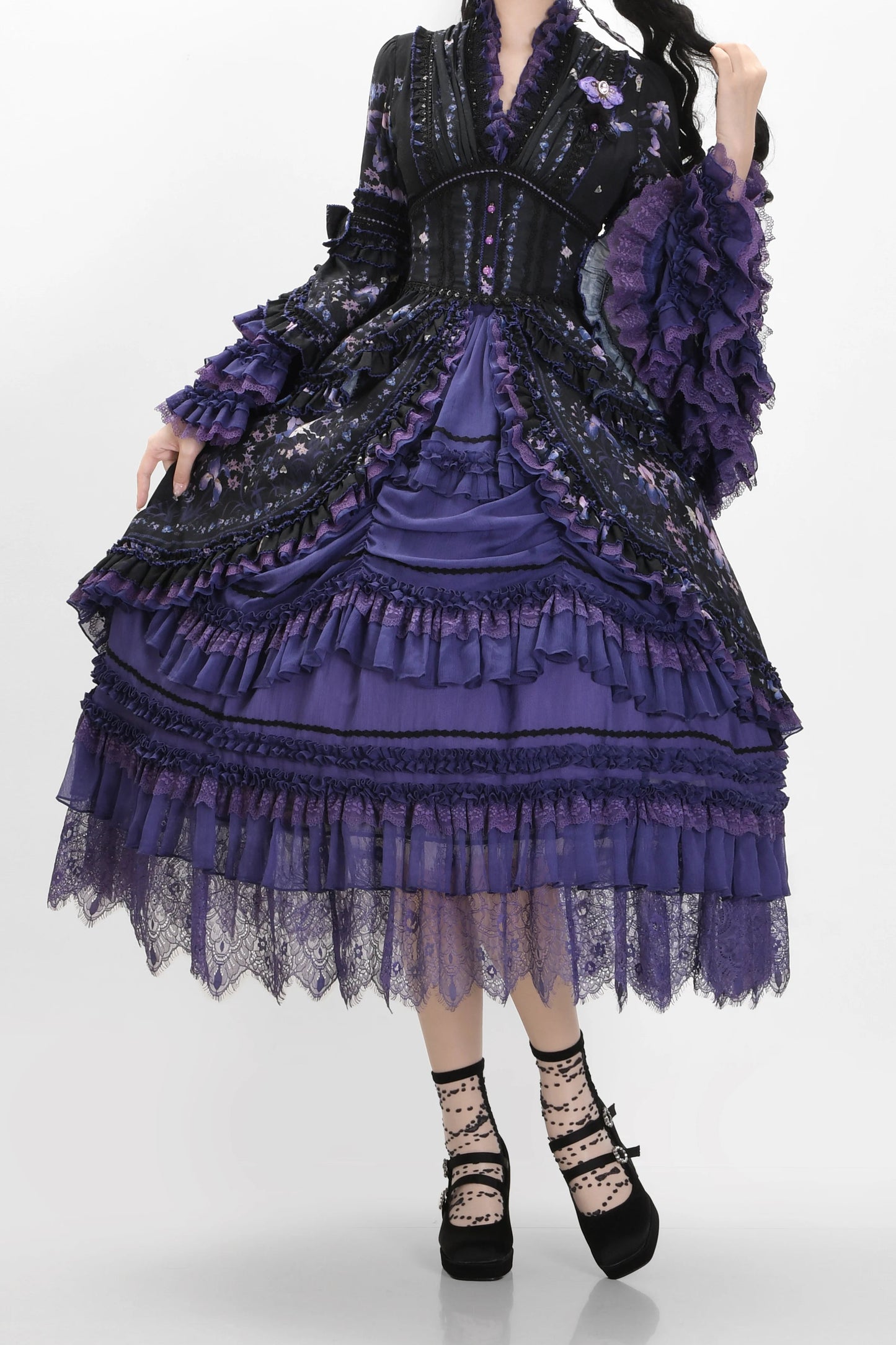 【9月13日予約締切】Purple/Dark Purple Gothic Lolita Tiered Lace Ruffle Skirt