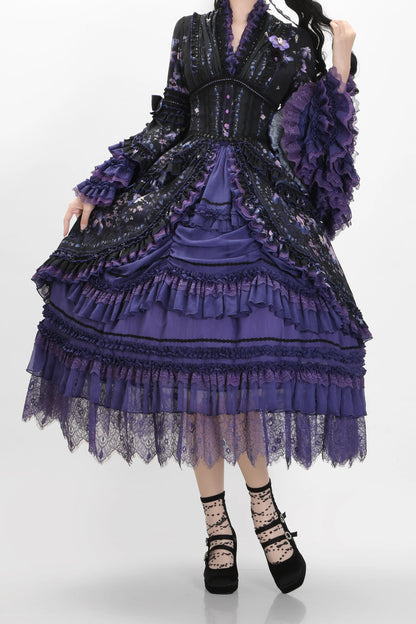 【9月13日予約締切】Purple/Dark Purple Gothic Lolita Tiered Lace Ruffle Skirt