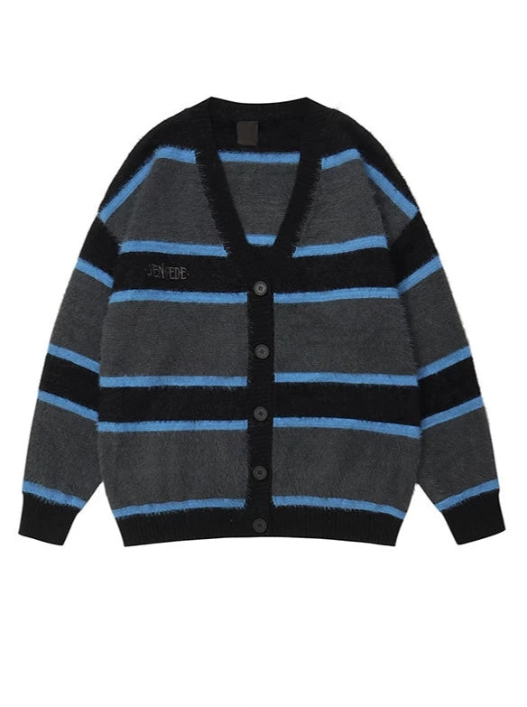 American Retro Striped Contrast Color Cardigan Knit