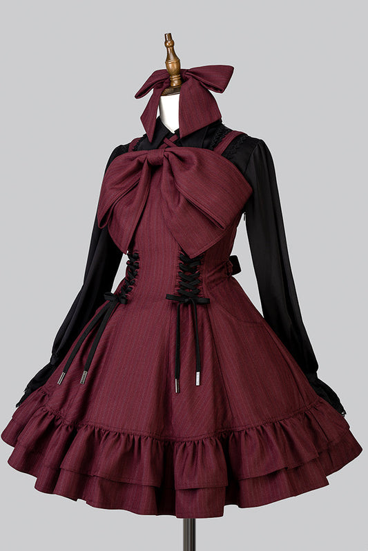【12月29日予約締切】ゴシックロリータダークカラーストライプリボンサスドレス