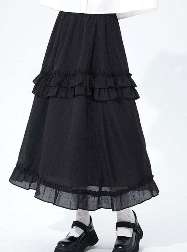 High-waist loose mid-length ruffle skirt