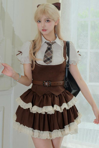 Retro Shirt + Frill Skirt + Belt + Tie